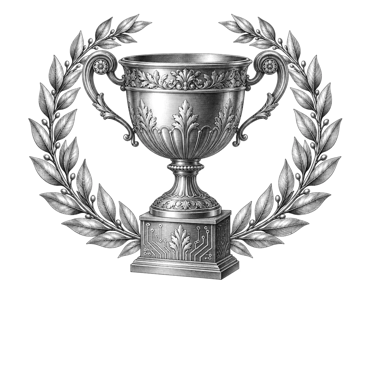 Engraving of a laurel wreath around a trophy