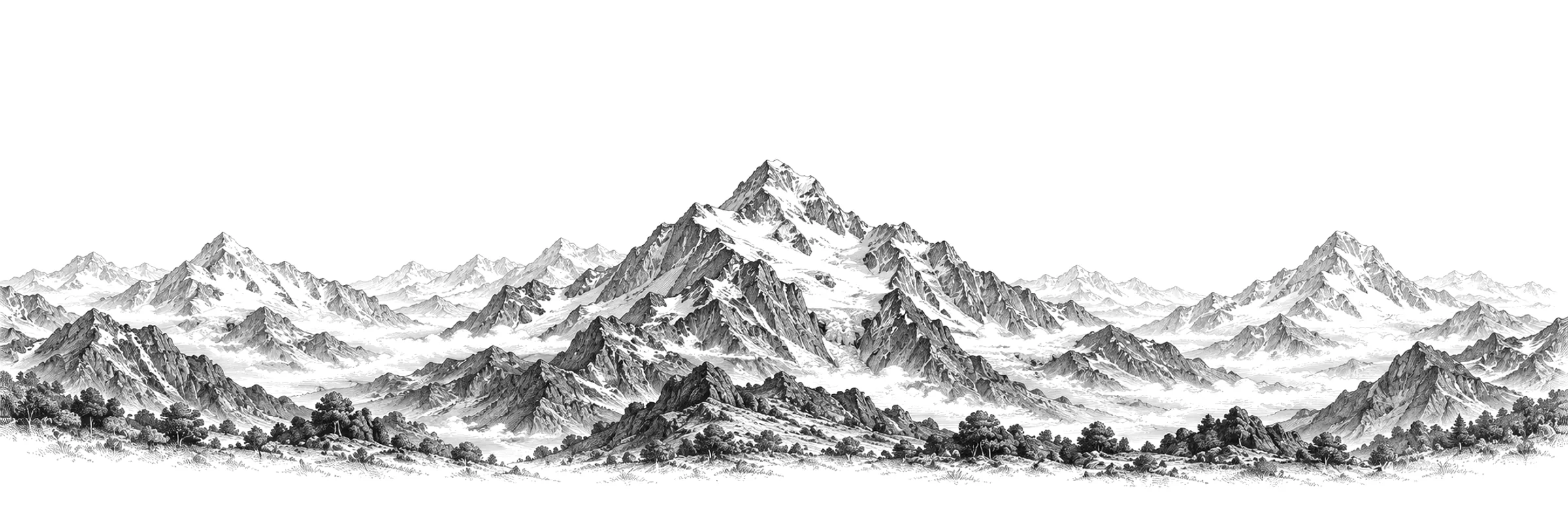 Fine ink engraving of the Andes mountain range